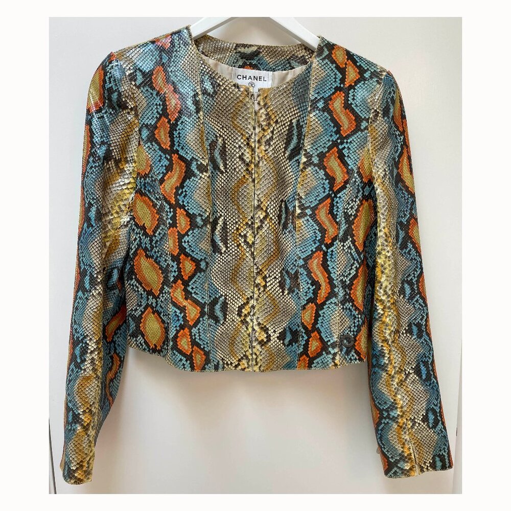 Chanel GENUINE beige with blue orange yellow PYTHON jacket rtl $30K SZ 40 US 8